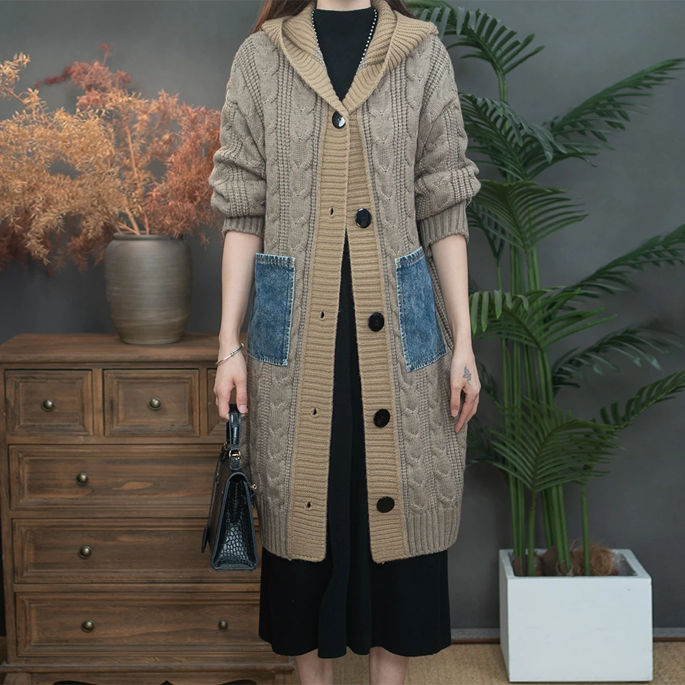 2025秋冬新款时尚大码宽松连帽百搭长袖外搭显瘦针织衫2510-136