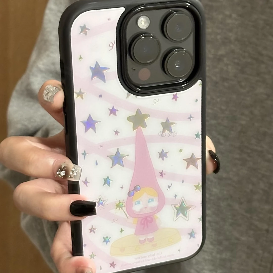 鎏金长帽哭泣女孩玻璃黑边适用苹果iPhone16promax手机壳15/14/13