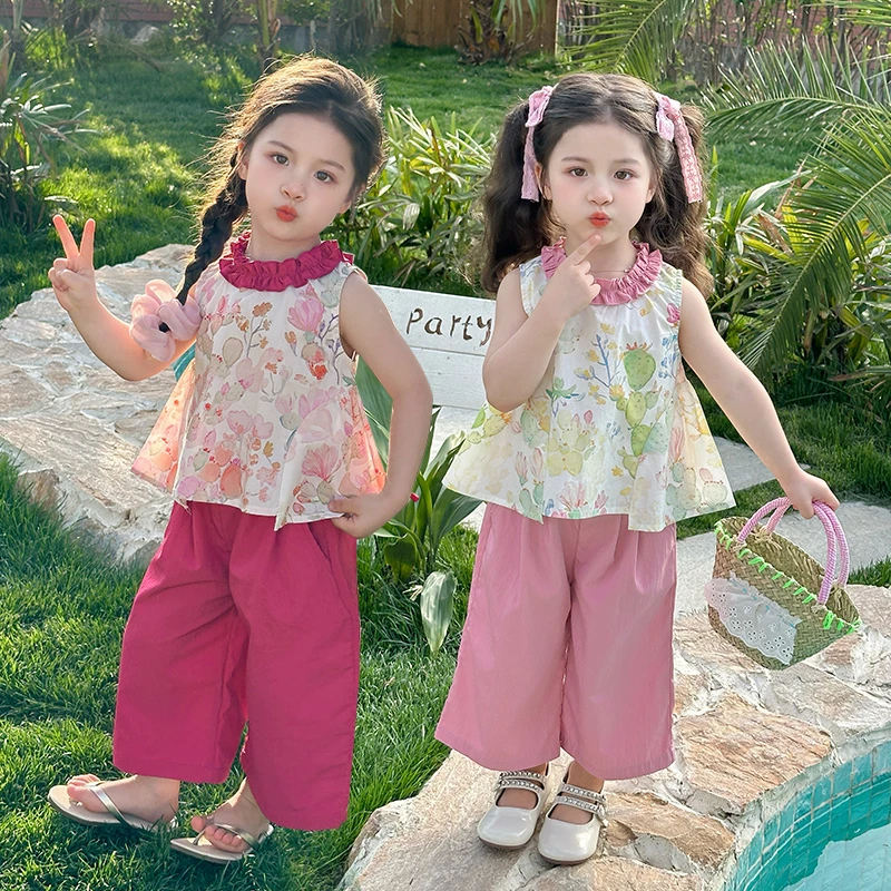 女童洋气花边套装夏季2025新款洋气儿童阔腿山本裤宝宝休闲两件套