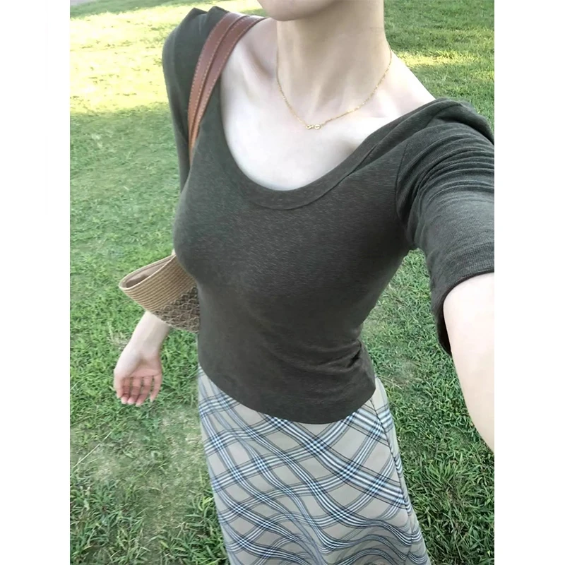 U领短袖t恤女早秋季2025新款辣妹修身chic内搭纯欲风五分半袖上衣