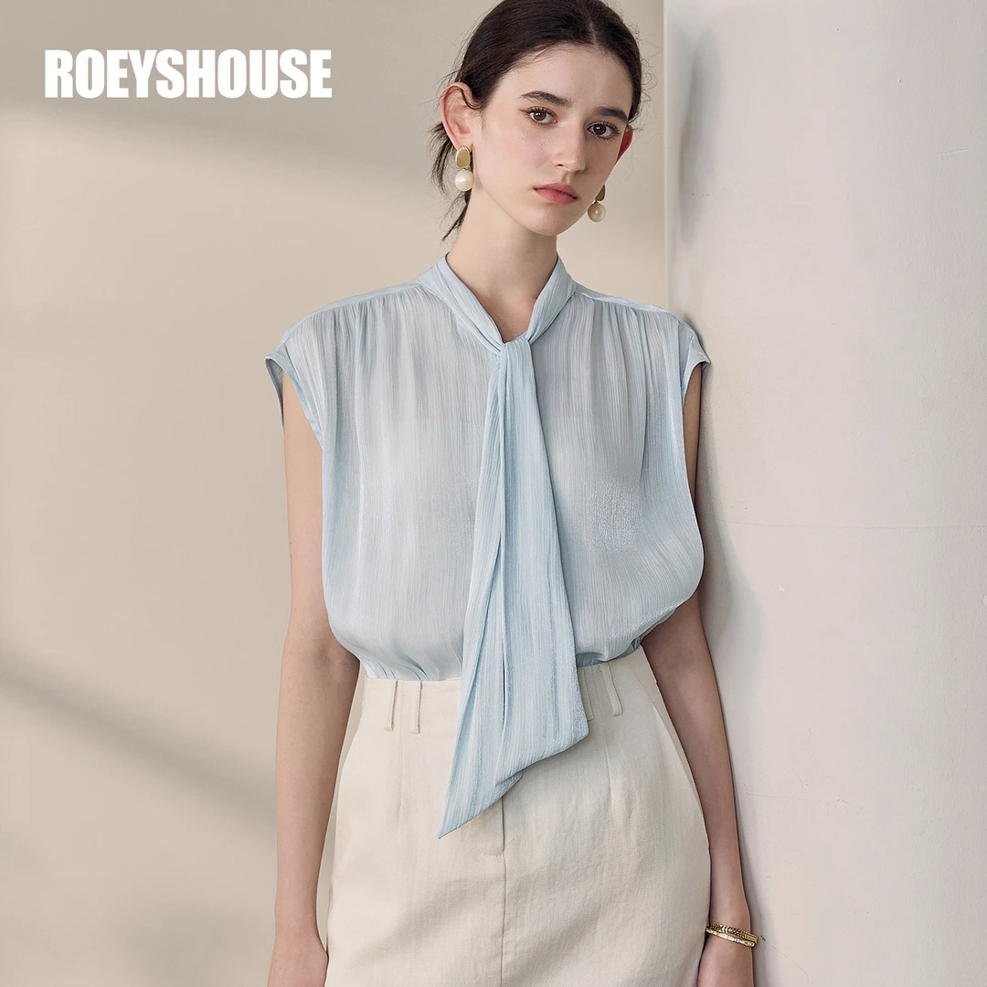 【RH】罗衣高级系带衬衫2025夏季新款气质无袖衬衣浅蓝色上衣12140
