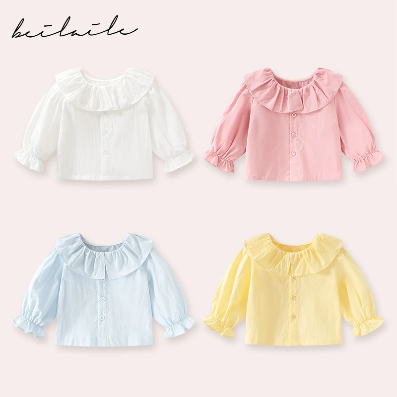 【荷叶领棉衬衫 小乐妈咪】宝宝衬衣春季男女童外套装儿童打底衫B28