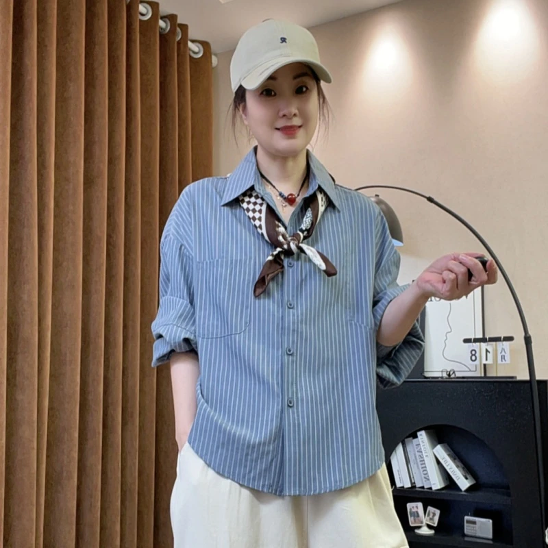 7305#单排多扣成人百搭长袖宽松女潮流女装衬衣条纹衬衫