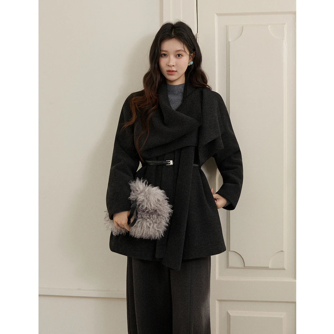 谜秀新品毛呢大衣女2025冬韩系内里围裹领外套上衣气质小个子