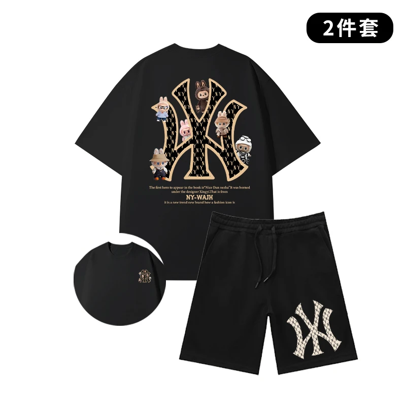 美式高街潮牌重磅短袖男t恤夏季男宽松百搭ins潮流帅气五分袖套装