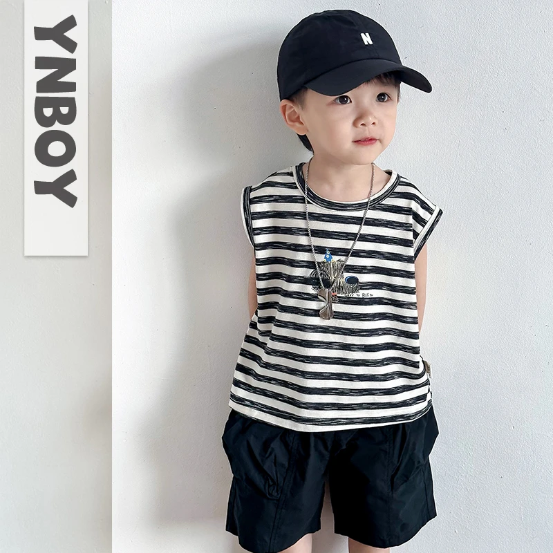男童夏季薄款无袖背心套装2025年新款儿童条纹上衣短裤两件套童装
