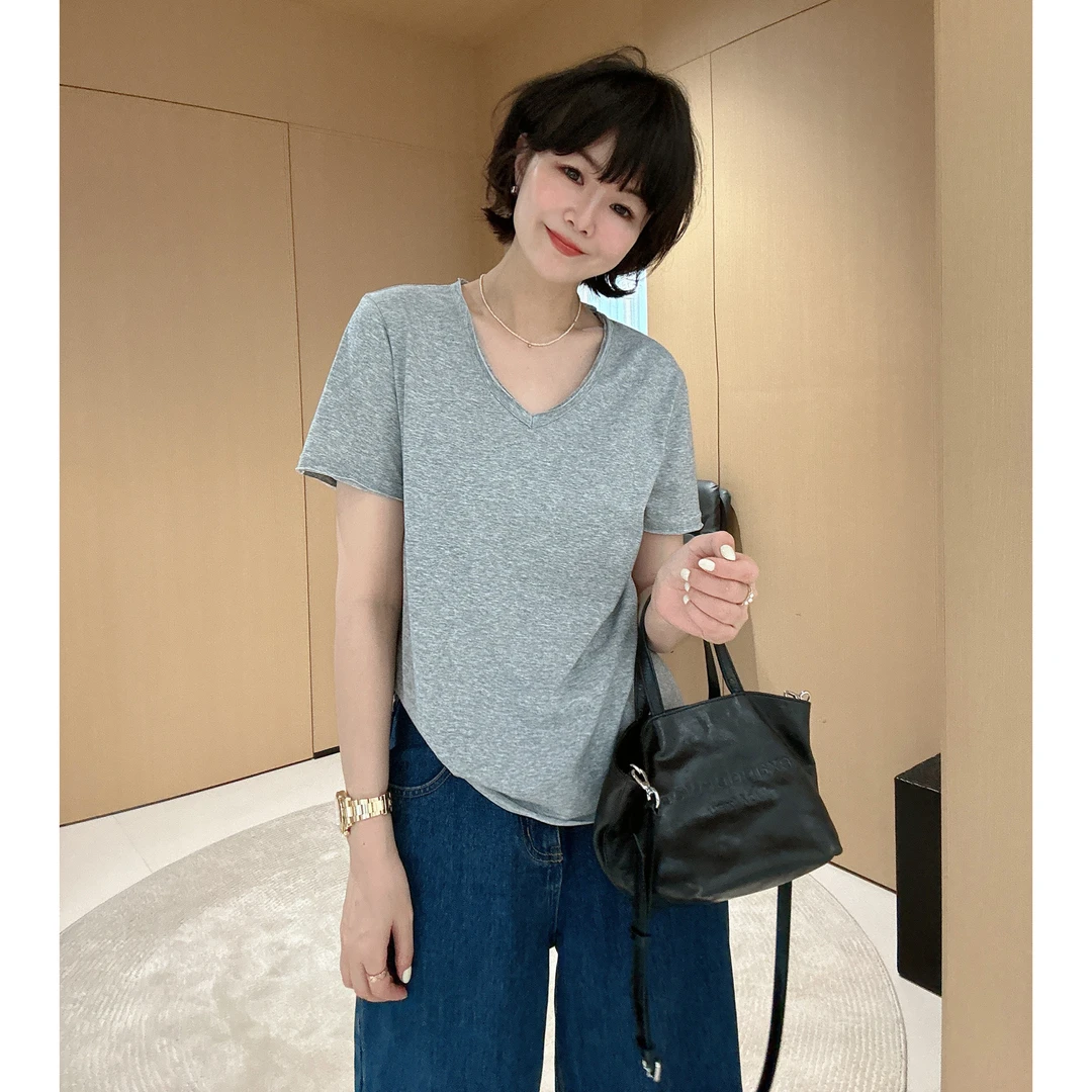 春夏V领极简宽松纯色慵懒卷边短袖T恤