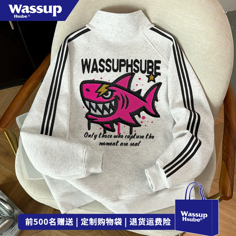 WASSUP HSUBE美式街头风痞帅炸街开衫拉链卫衣男鲨鱼印花立领外套