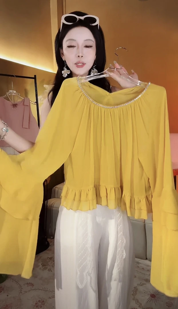 【崔】S0194法式慵懒风喇叭雪纺衬衫上衣荷叶边设计感衬衣小衫