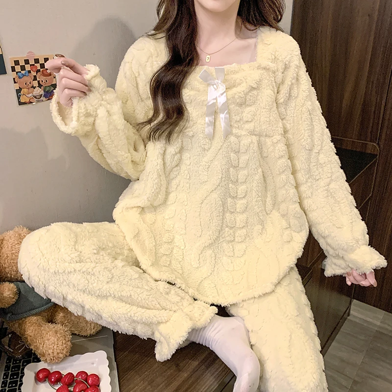 珊瑚绒睡衣女款冬季甜美公主风加厚加绒长毛绒纯色保暖家居服套装
