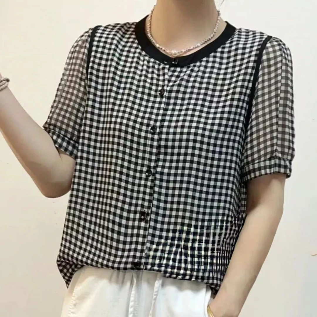 【原创正品】2025夏季圆领经典格子时尚减龄短袖X74