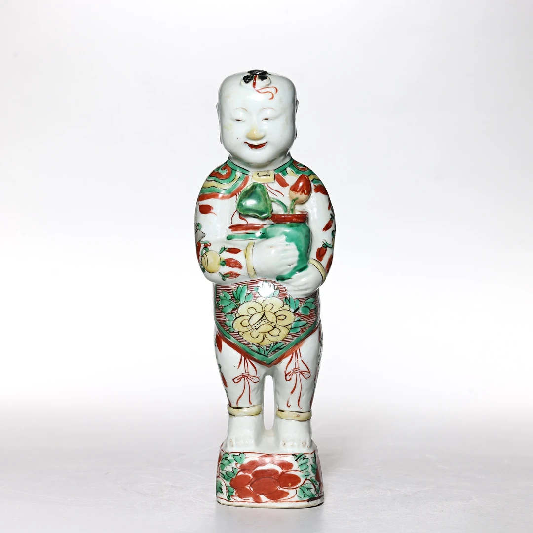 4345清早期·五彩执莲童子造像【古董拍卖】