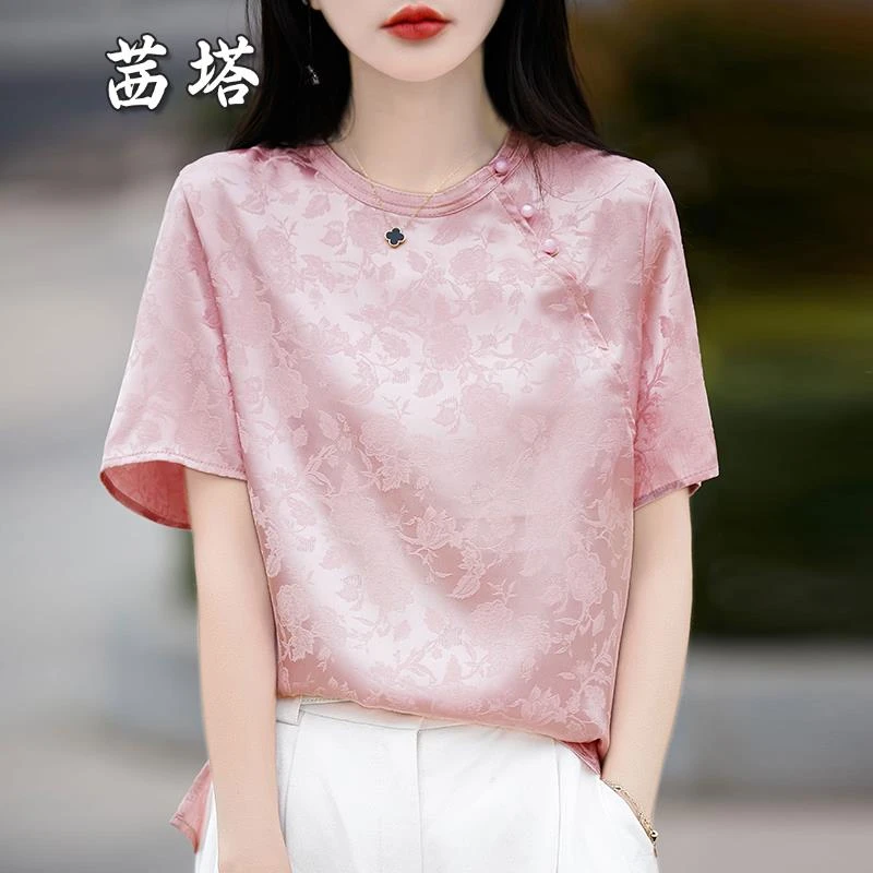 国风短袖T恤女圆领薄款缎面衬衣2025新款夏季小众提花新中式上衣