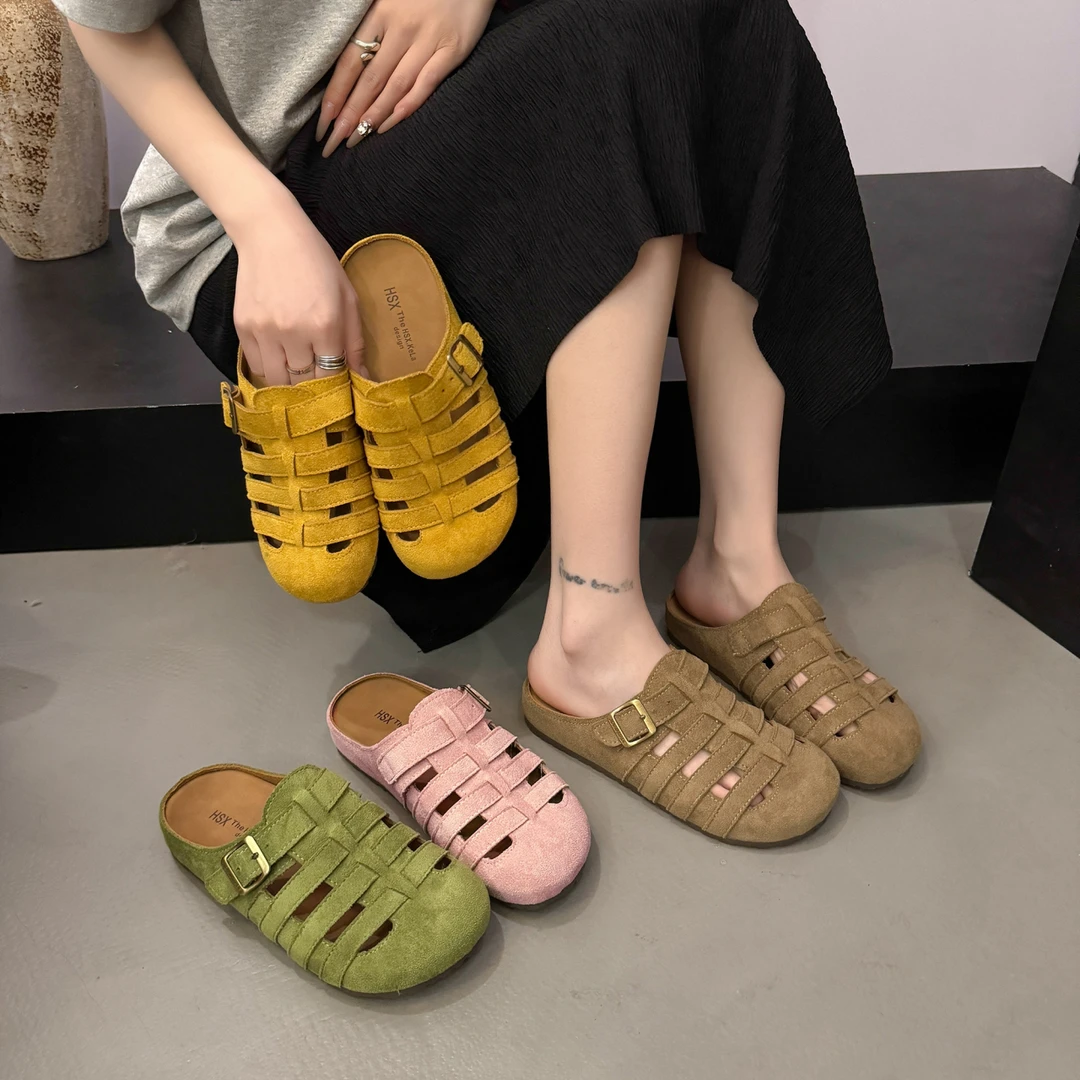 勃肯凉拖韩版编织镂空包头半拖鞋女夏季外穿软底2025新款平底防滑