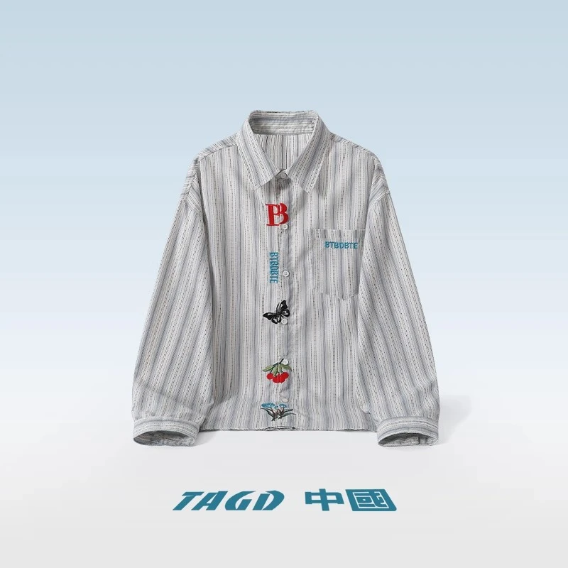 【Rich】悟空有货秋季复古竖条纹字母刺绣长袖衬衫男潮牌宽松情侣