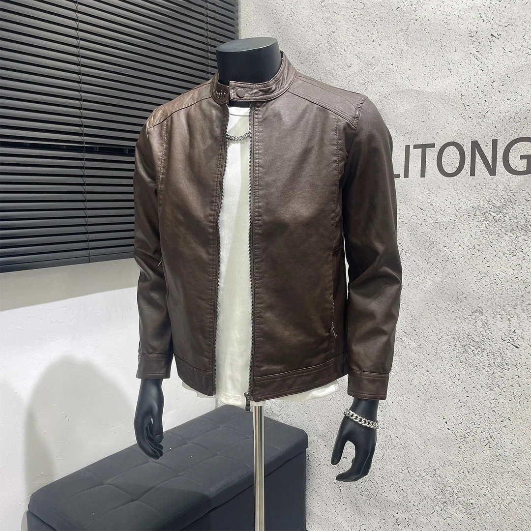 美式休闲百搭立领PU软皮衣男士秋季新款潮牌复古机车服皮夹克外套