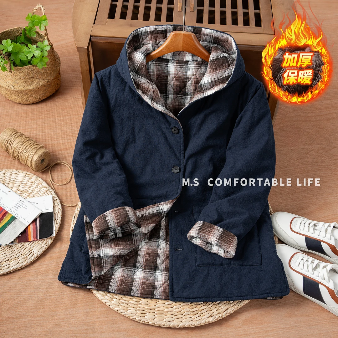 棉麻老吴 【连帽款】冬款上新连帽棉服保暖宽松版加厚格子休闲棉衣