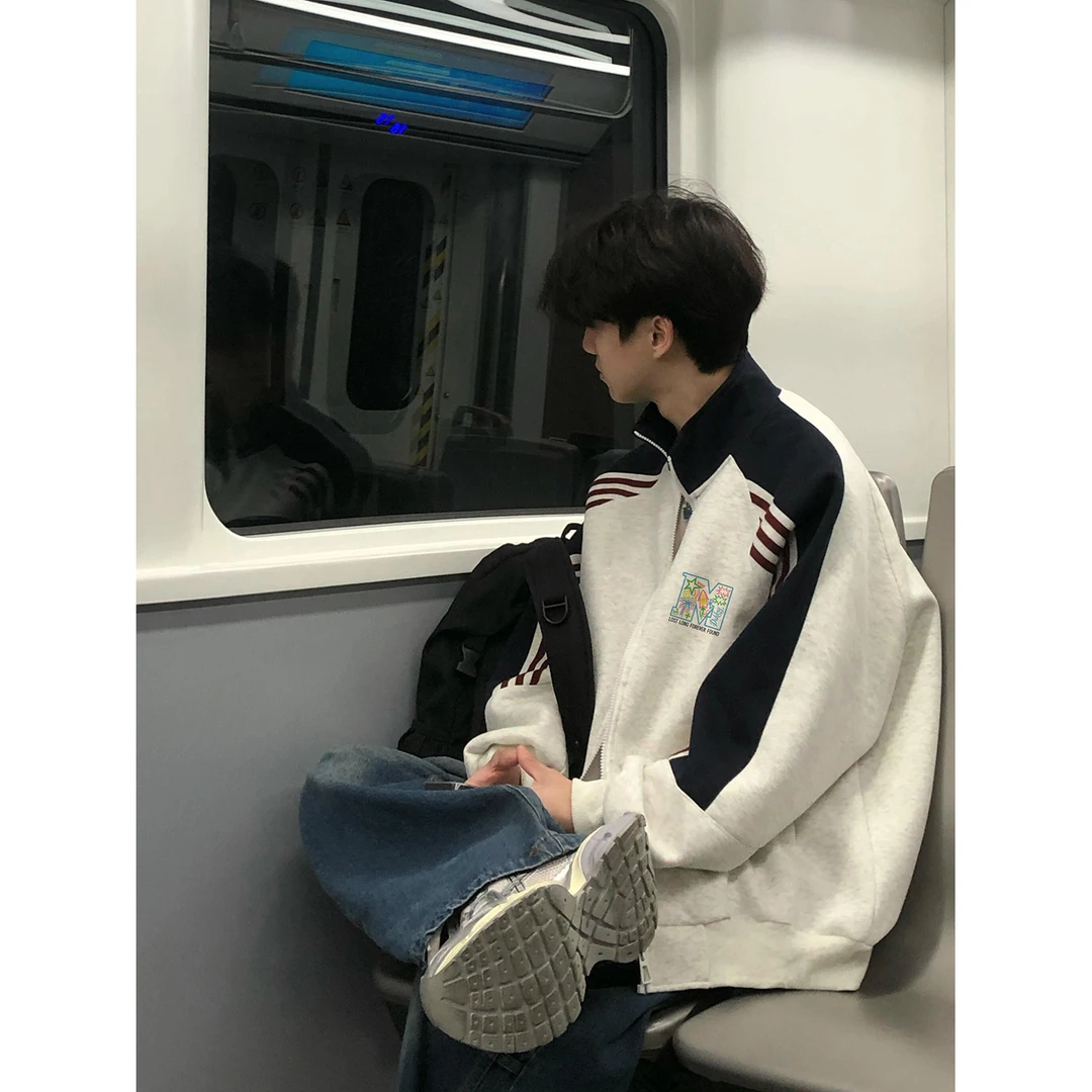 美式彩色几何字母印花撞色三条杠立领开衫外套男女秋冬季情侣卫衣