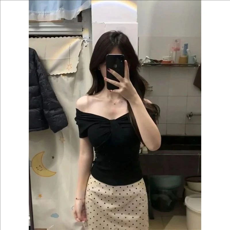 纯欲两穿一字肩短袖t恤女夏季2025新款修身显瘦设计感上衣服女V领