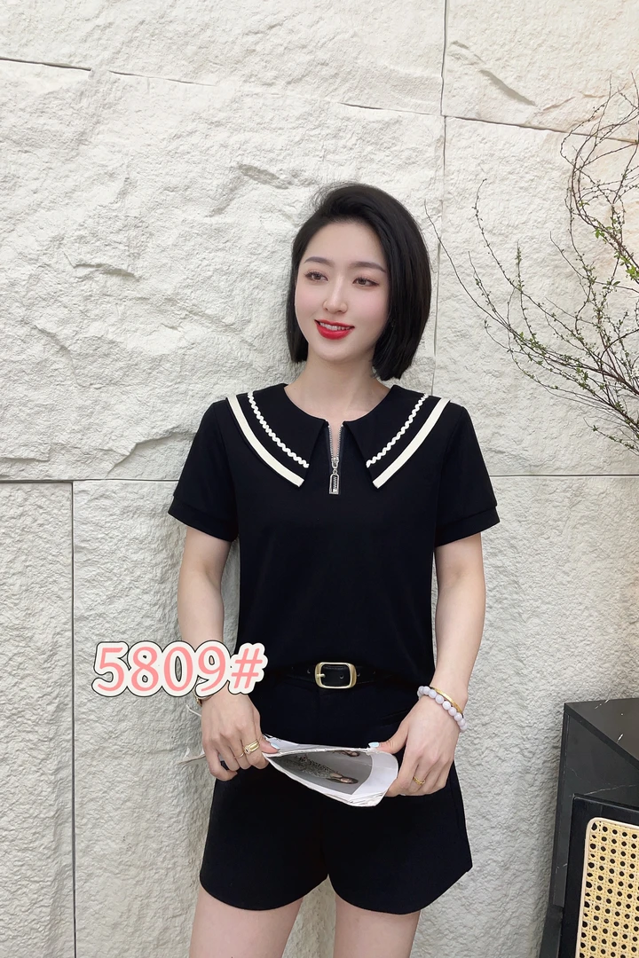 5809翻领新款显瘦气质百搭短袖上衣