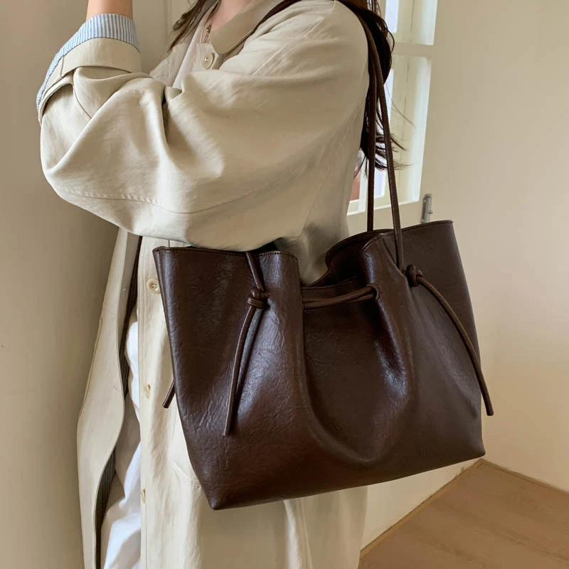 高级感复古风绑带托特包女2025秋冬大容量PU皮质单肩包时尚手提包