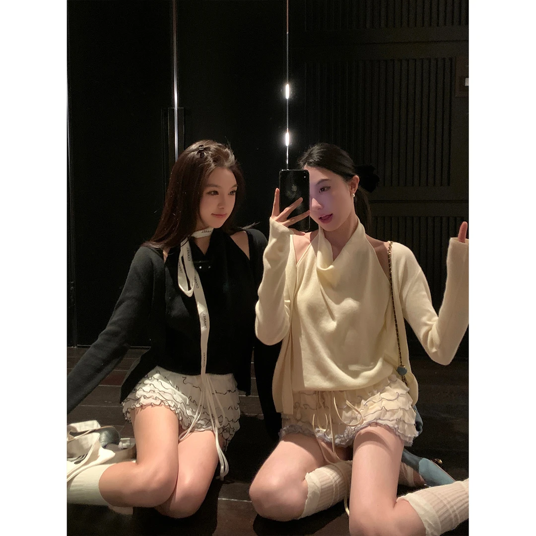 区区欧阳 假两件荡领挂脖针织衫女春季慵懒风设计感辣妹长袖上衣