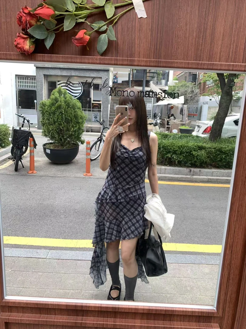 THESE DAY/2025夏季设计款不规则格子吊带裙