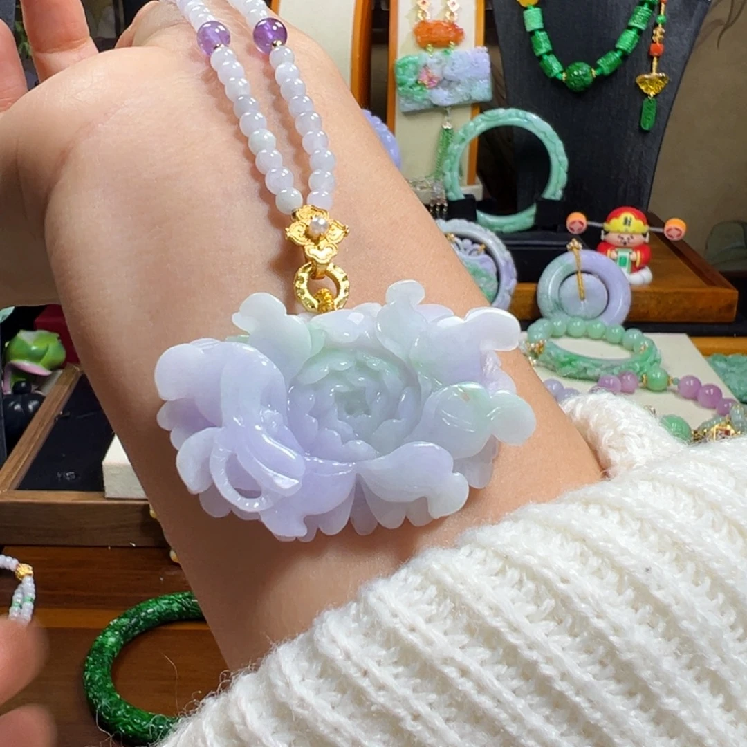 翡翠未镶嵌毛衣链春彩花花