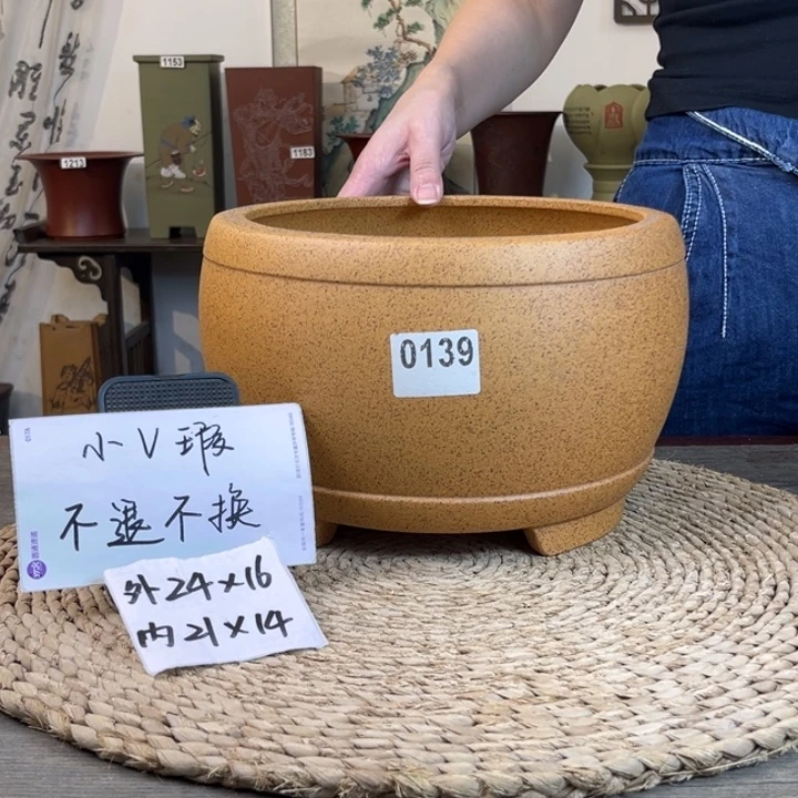 紫砂花盆 微微瑕柴烧大鼓盆0139