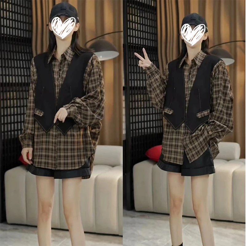 秋季新款格子假两件中长款单排扣复古衬衫设计感百搭大码女装小众