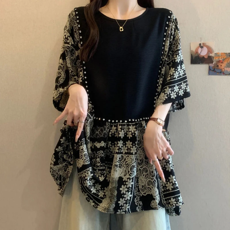 大码设计感复古印花短袖T恤雪纺衫女夏季胖mm宽松遮肚子百搭上衣