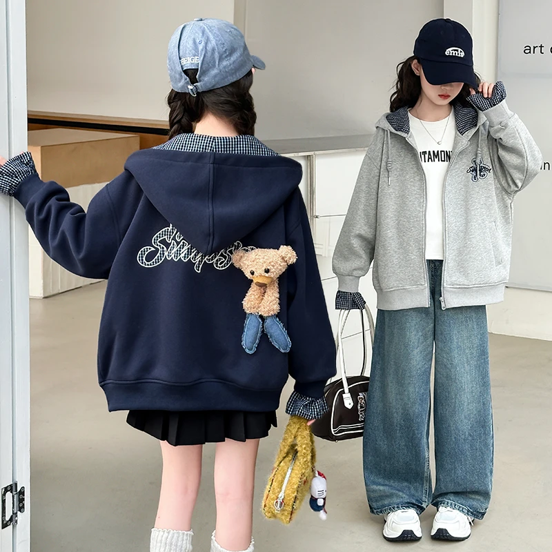 女童外套春秋款2025新款时髦中大童秋装小熊连帽女孩秋季刺绣上衣