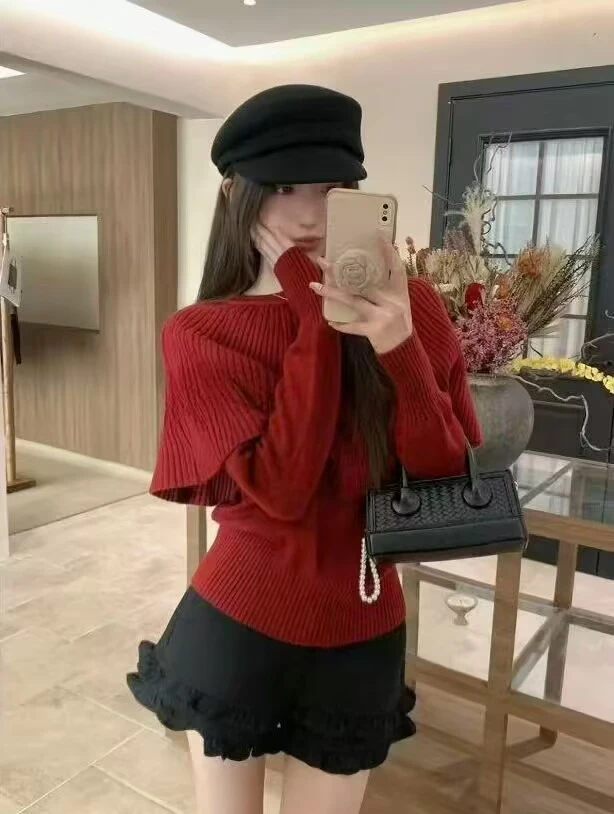 设计感斗篷披肩圆领针织衫女秋冬新款季假两件高级感显瘦毛衣上衣