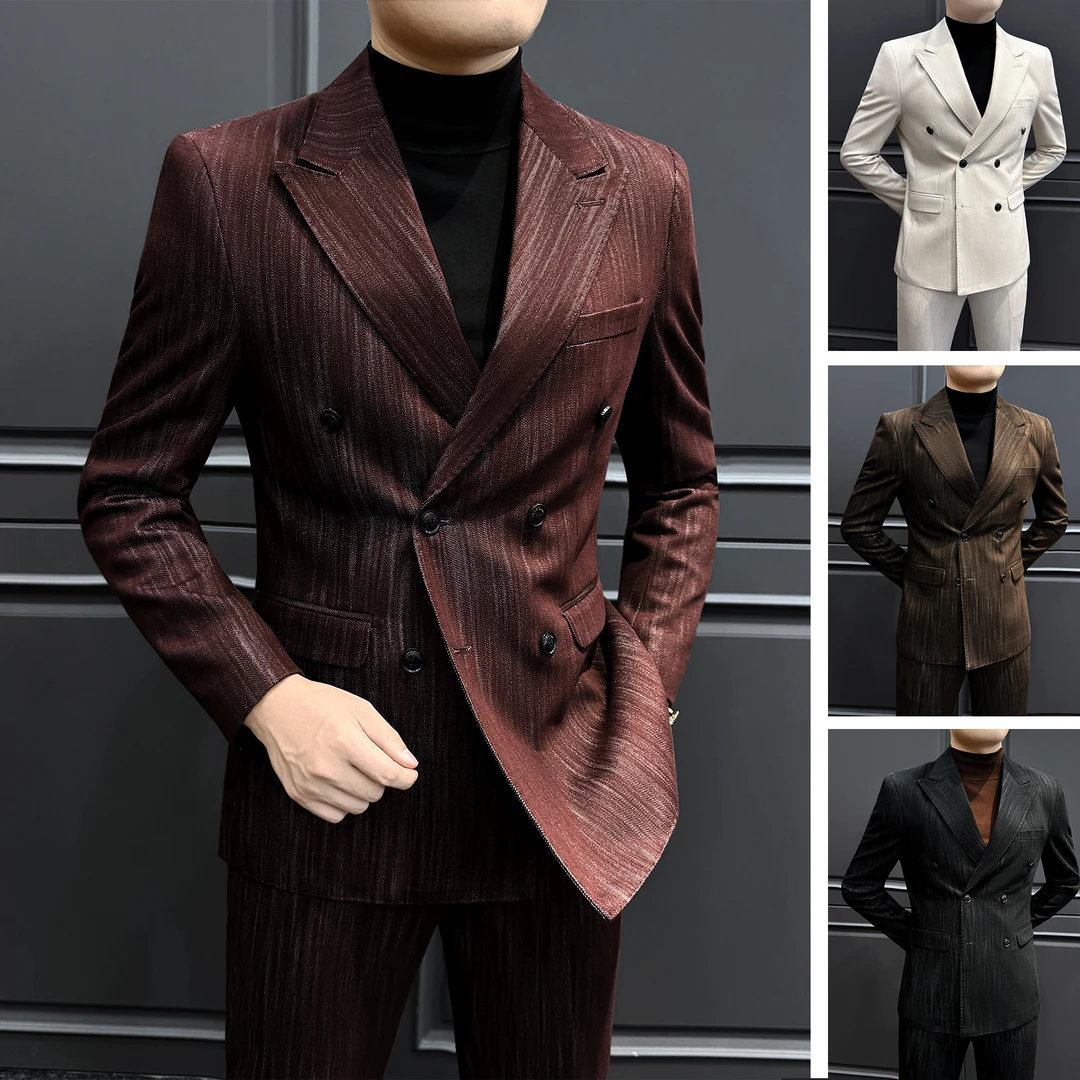 安可拉红莱赛尔西装外套男款秋冬季双排扣条纹戗驳领男士西服套装