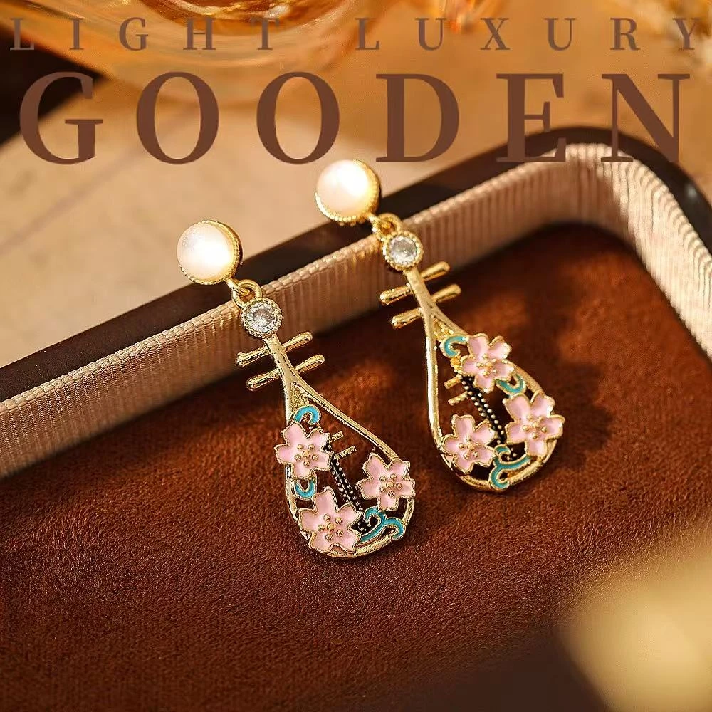 铜合金耳饰 Gooden岛家【琴瑟琵琶】银针新中式古风桃花琵琶耳环