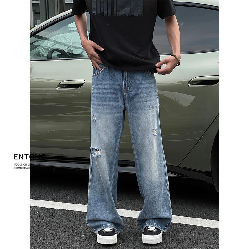 Entong美式街头阔腿宽松破洞微喇牛仔裤男生水洗做旧直筒vibe裤子
