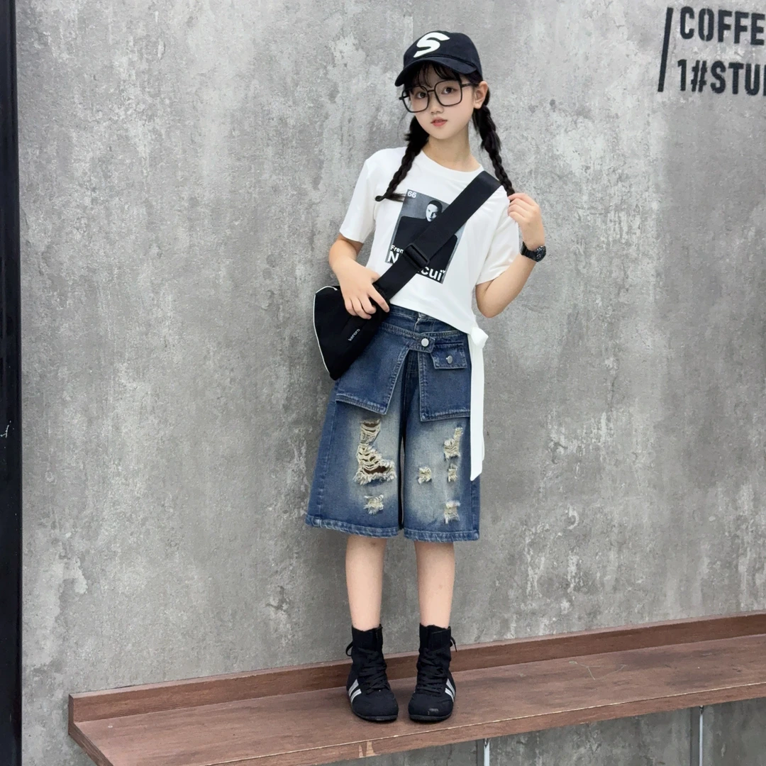 女童夏季新款洋气小众设计欧美腰带短袖复古破洞牛仔中裤两件套