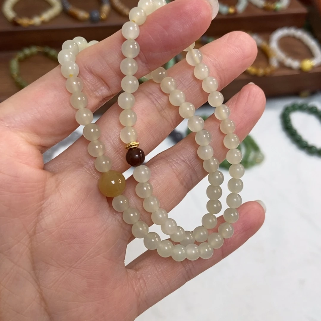 和田玉银S925镶嵌手链福利5mm蜂蜜水双圈