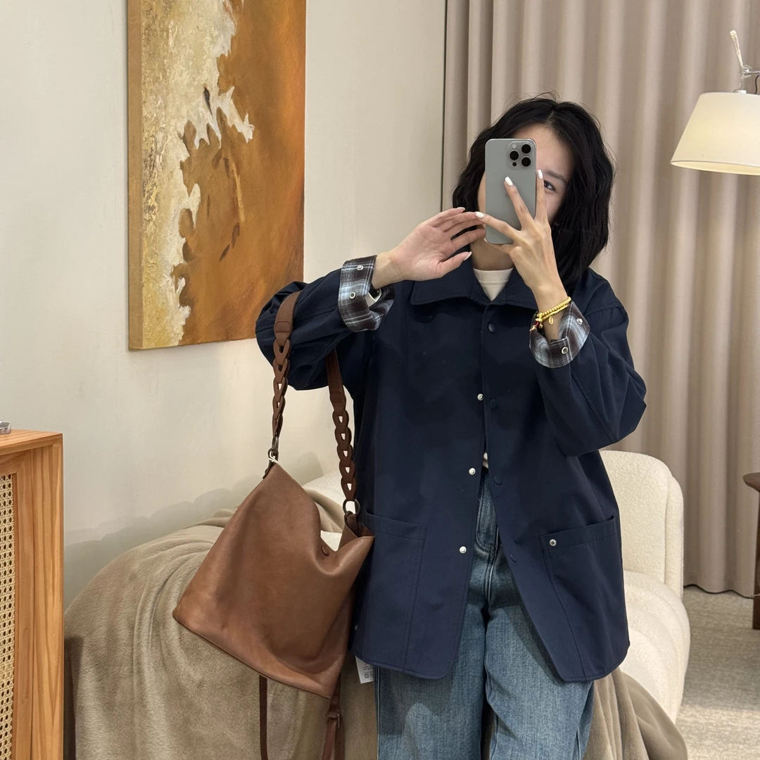 喜樂  2025翻领撞色风衣外套春季新款时尚百搭宽松简约休闲显瘦女