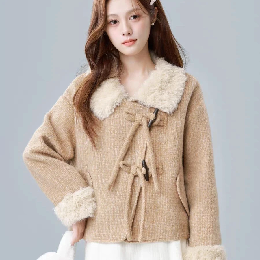 短款牛角扣毛呢外套女2025秋冬新款宽松夹棉加厚保暖呢子开衫上衣