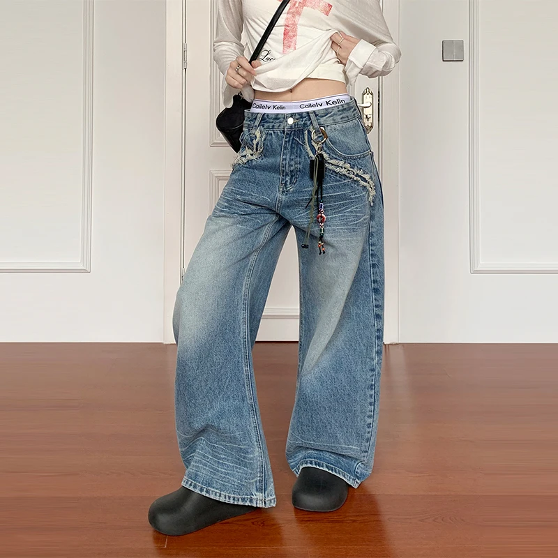 达蒙岛美式复古水洗磨毛设计猫须弯刀牛仔裤女baggy宽松休闲长裤