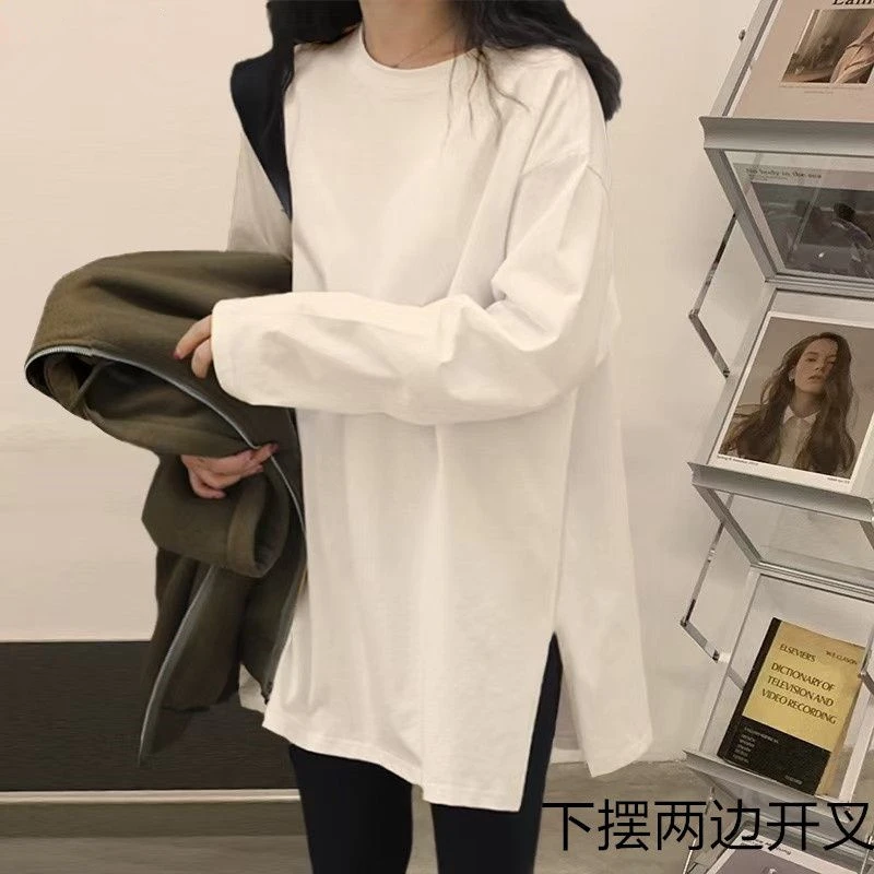 配鲨鱼裤的上衣春秋冬季白色打底衫女内搭叠穿遮屁股中长款长T恤