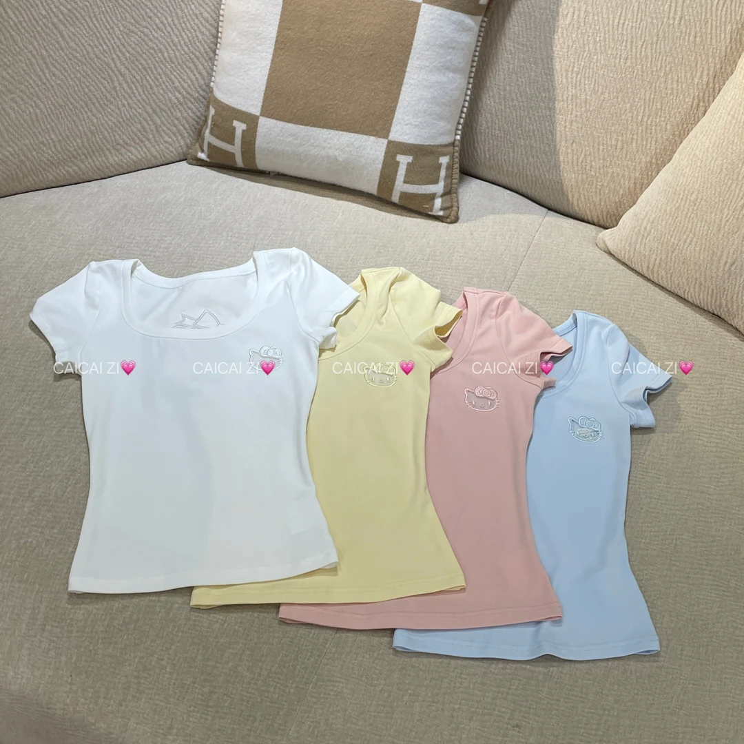 [no退no换]CCA258【甜心少女】后背镂空刺绣收腰正肩短袖修身上衣