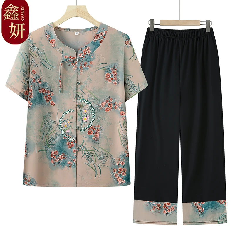 妈妈装夏季新款圆领短袖开衫中老年人女装洋气时尚套装老太太衬衫