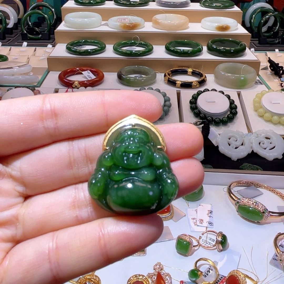 和田玉18K金镶嵌颈饰高品碧玉佛公