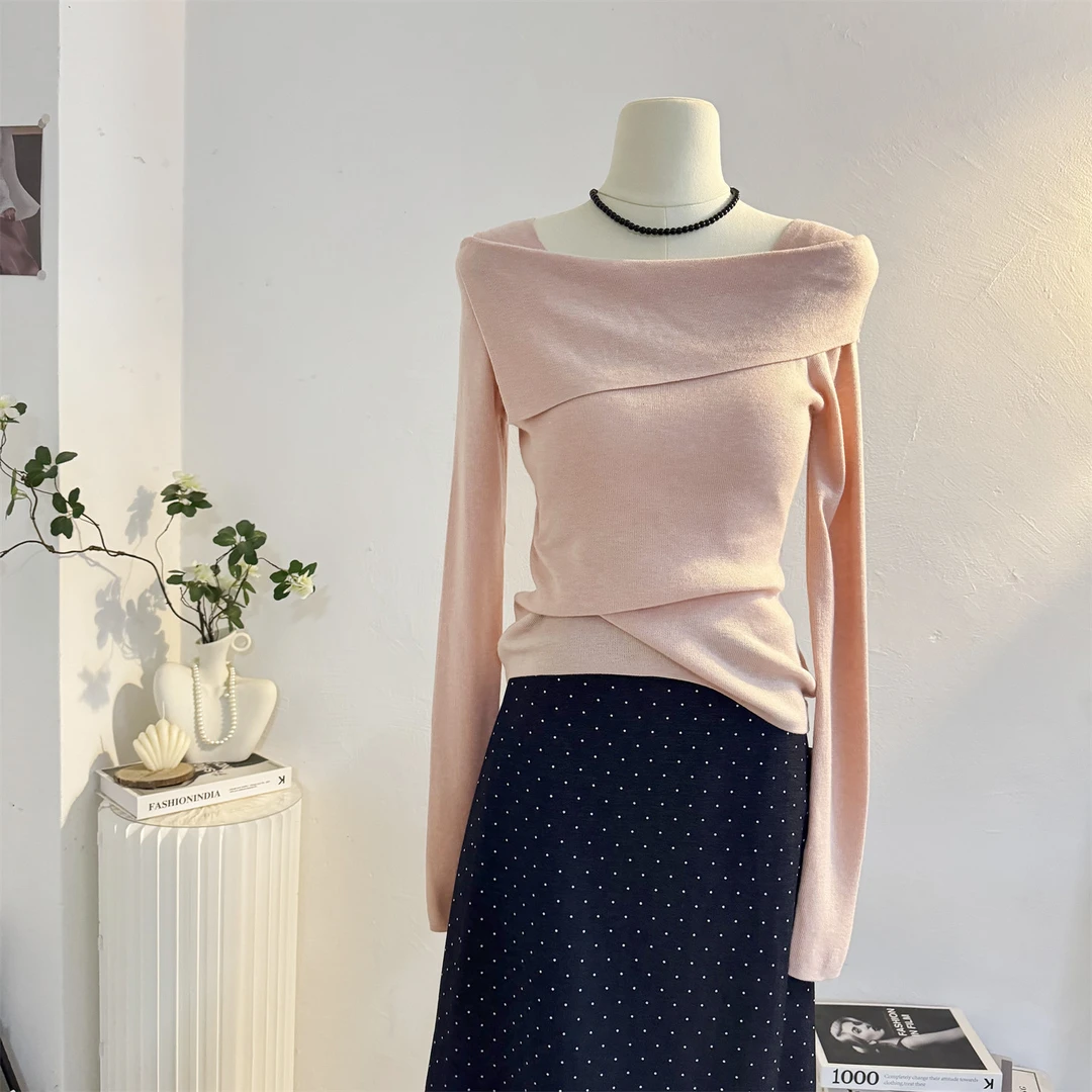 粉色不规则一字领毛针织衫内搭女2025秋冬修身显瘦长袖T恤打底衫