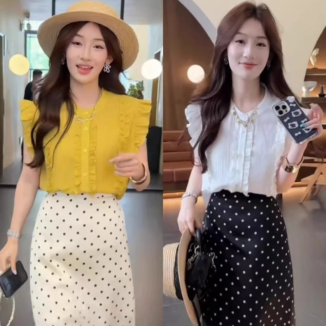 法式气质单排扣木耳边短袖衬衫女夏高级感甜美减龄别致小飞袖上衣