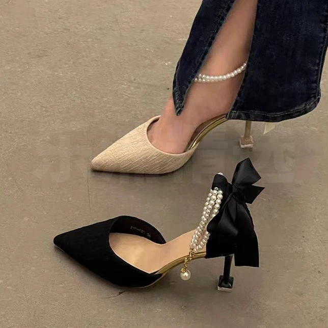 高跟鞋细跟女2025春夏新款珍珠脚环绑带网红仙女时装包头气质凉鞋