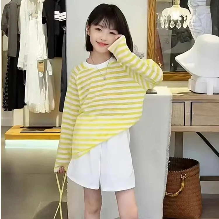 女童夏季长袖T恤短裤两件套中大童夏季新款条纹撞色舒适套装童装