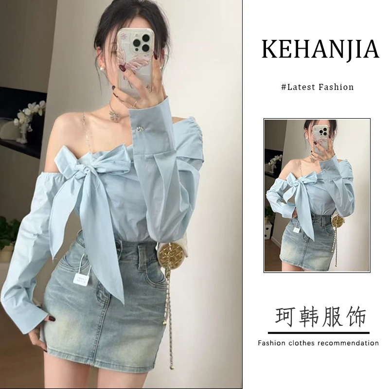 夏季穿搭一整套2025新款韩系辣妹露肩绑带衬衫百搭牛仔短裙两件套